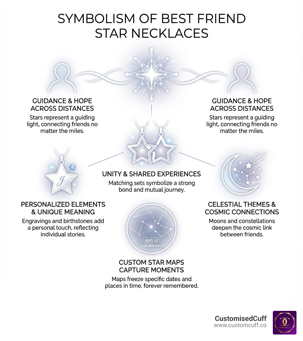 Infographic showing the symbolism of star necklaces: stars represent guidance and hope, connecting friends across distances; matching sets symbolize unity and shared experiences; personalized elements like engravings and birthstones add unique meaning; celestial themes including moons and constellations deepen cosmic connections; custom star maps capture specific moments in time - best friend star necklace infographic Infographic showing the symbolism of star necklaces: stars represent guidance and hope, connecting friends across distances; matching sets symbolize unity and shared experiences; personalized elements like engravings and birthstones add unique meaning; celestial themes including moons and constellations deepen cosmic connections; custom star maps capture specific moments in time - best friend star necklace infographic