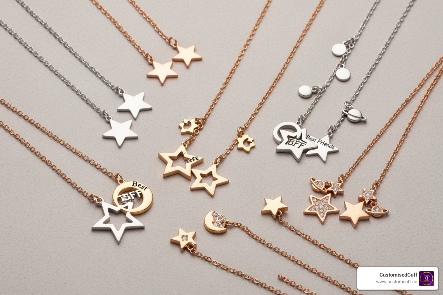 A flat lay of various best friend star necklace styles, including minimalist pendants, interlocking designs, and celestial themed sets - best friend star necklace A flat lay of various best friend star necklace styles, including minimalist pendants, interlocking designs, and celestial themed sets - best friend star necklace