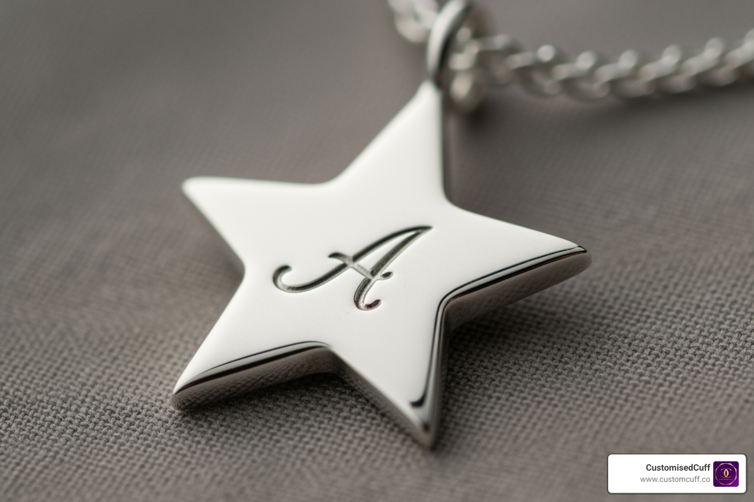A close-up shot of a sterling silver star necklace with a delicate initial engraving on one of its points - best friend star necklace A close-up shot of a sterling silver star necklace with a delicate initial engraving on one of its points - best friend star necklace