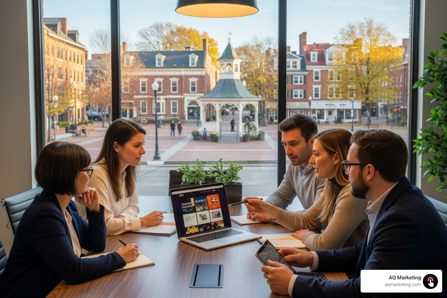 client and agency team having a productive meeting, looking at a laptop with a website design, with a view of a New England town square - startup website design company client and agency team having a productive meeting, looking at a laptop with a website design, with a view of a New England town square - startup website design company