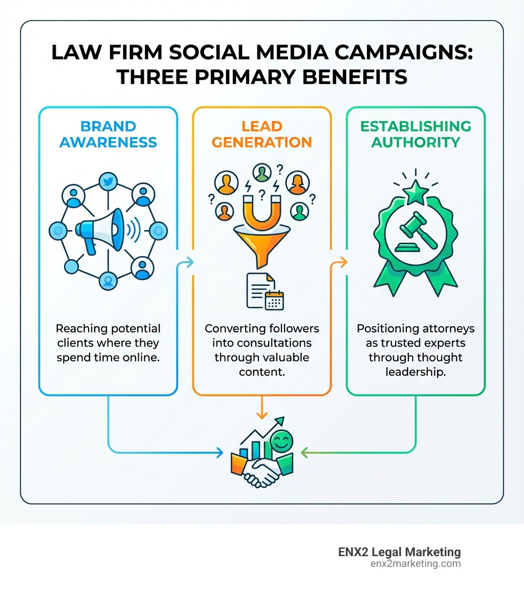 Infographic showing the three primary benefits of law firm social media campaigns: Brand Awareness (reaching potential clients where they spend time online), Lead Generation (converting followers into consultations through valuable content), and Establishing Authority (positioning attorneys as trusted experts through thought leadership) - law firm social media campaigns infographic 