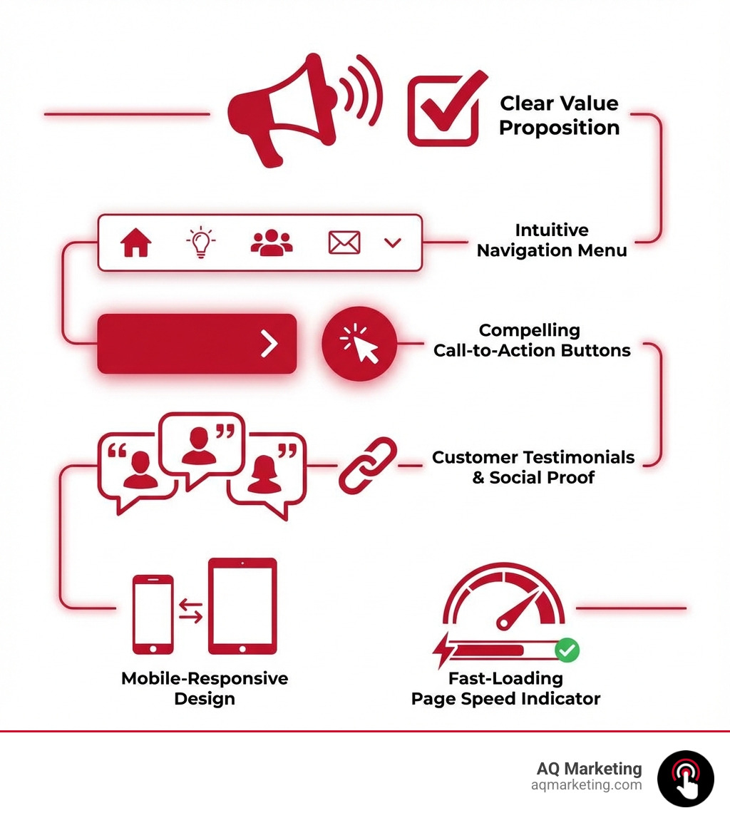 infographic showing essential startup website elements: clear value proposition at top, intuitive navigation menu, compelling call-to-action buttons, customer testimonials and social proof section, mobile-responsive design icons, and fast-loading page speed indicator - startup website design company infographic infographic showing essential startup website elements: clear value proposition at top, intuitive navigation menu, compelling call-to-action buttons, customer testimonials and social proof section, mobile-responsive design icons, and fast-loading page speed indicator - startup website design company infographic