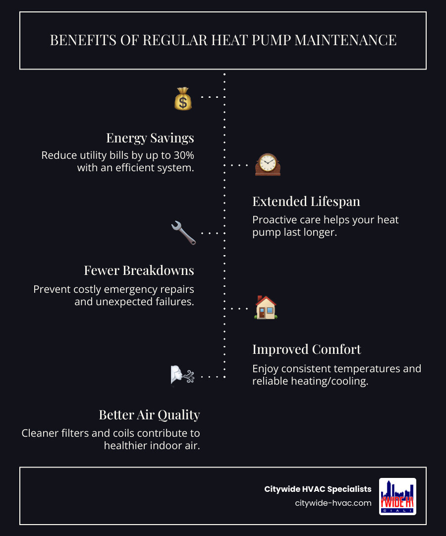 infographic showing heat pump maintenance benefits including 30% energy savings, extended system lifespan, fewer breakdowns, improved comfort, and better air quality with seasonal maintenance schedule - heat pump maintenance affordable in sandy springs, ga infographic infographic-line-5-steps-dark infographic showing heat pump maintenance benefits including 30% energy savings, extended system lifespan, fewer breakdowns, improved comfort, and better air quality with seasonal maintenance schedule - heat pump maintenance affordable in sandy springs, ga infographic infographic-line-5-steps-dark
