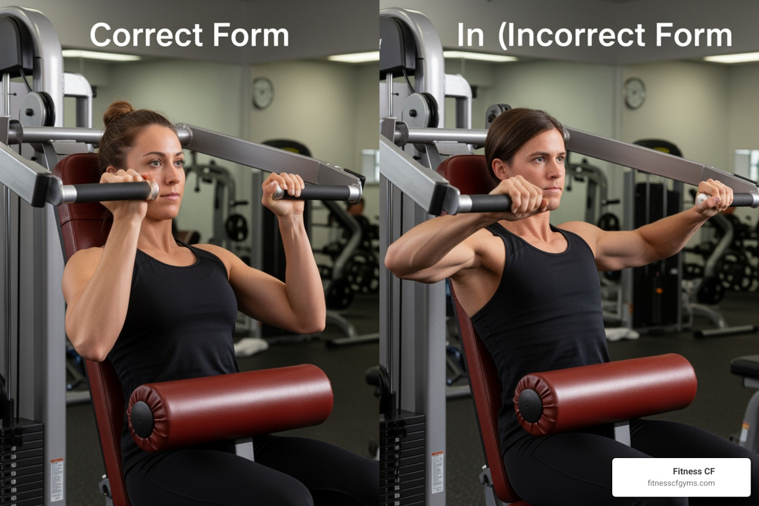 correct elbow position (tucked in) vs. incorrect (flared out) - arm extension machine