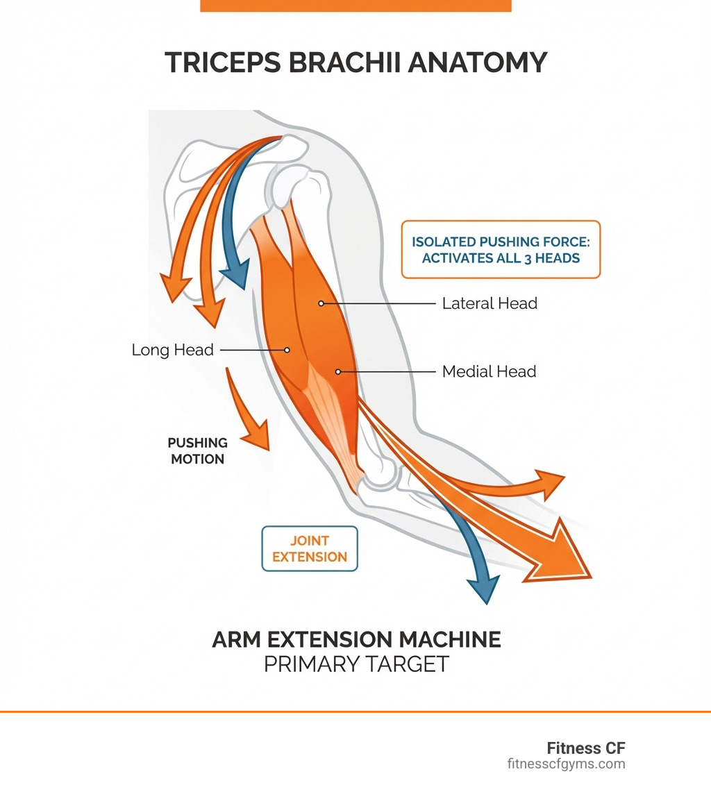 Detailed infographic showing the anatomy of the upper arm with the triceps brachii muscle highlighted, including its three heads: long head, lateral head, and medial head, plus arrows indicating the pushing motion during arm extension - arm extension machine infographic 