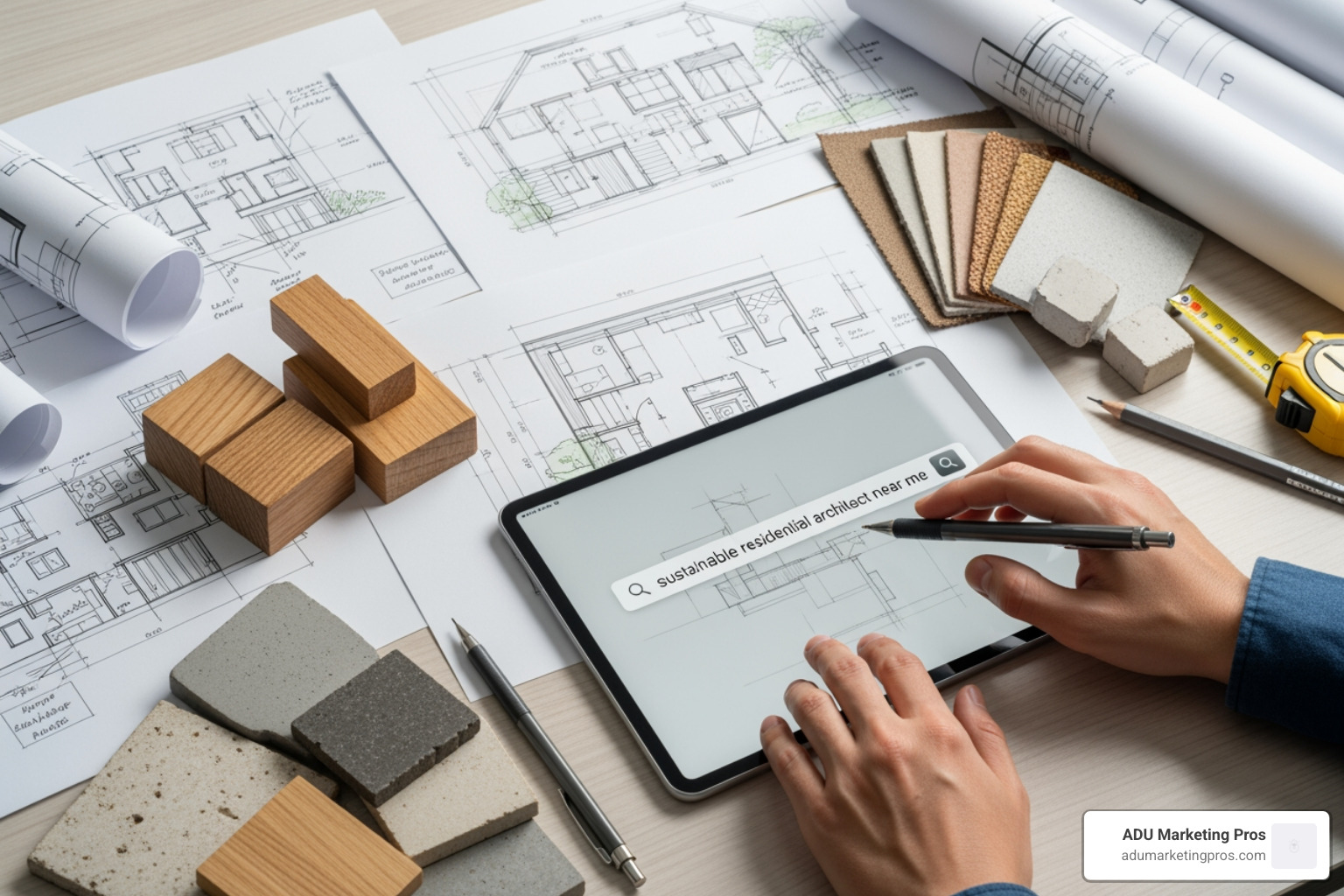 A person types &ldquo;sustainable residential architect near me&rdquo; into a search bar on a tablet, surrounded by architectural sketches and material samples. - seo for architects