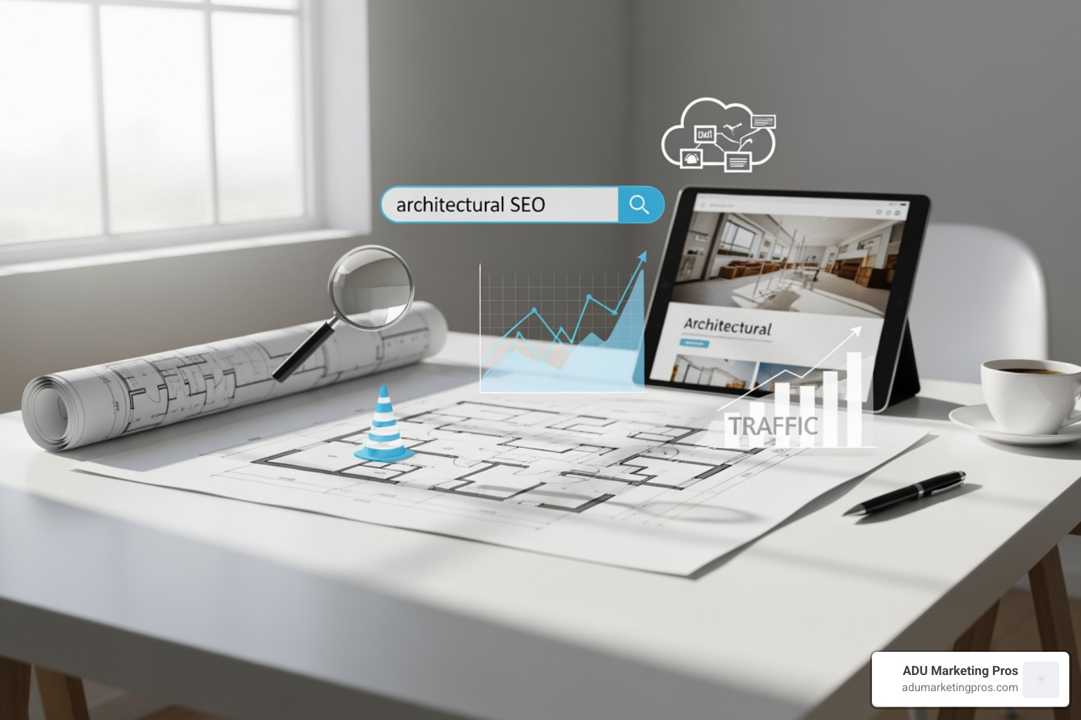 A network diagram visually connects an architect&rsquo;s website to high-authority design blogs, industry publications, and social media platforms, illustrating the power of digital relationships. - seo for architects