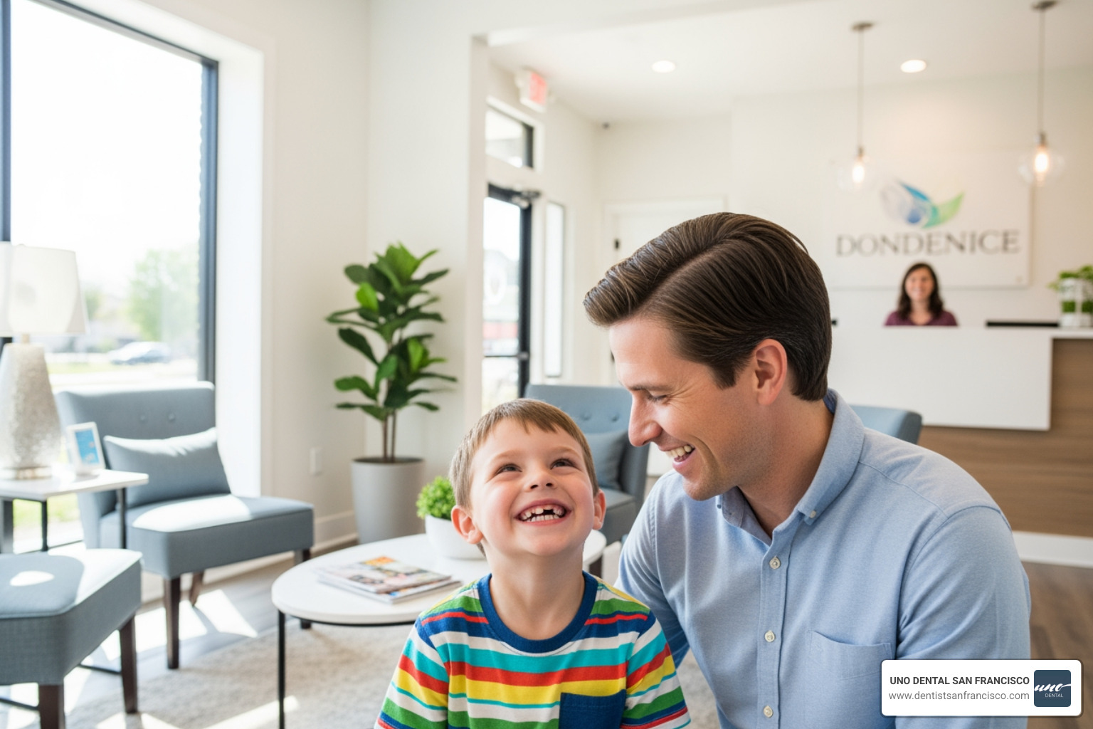 parent and child smiling together after a dental appointment - San Francisco kids dentist parent and child smiling together after a dental appointment - San Francisco kids dentist