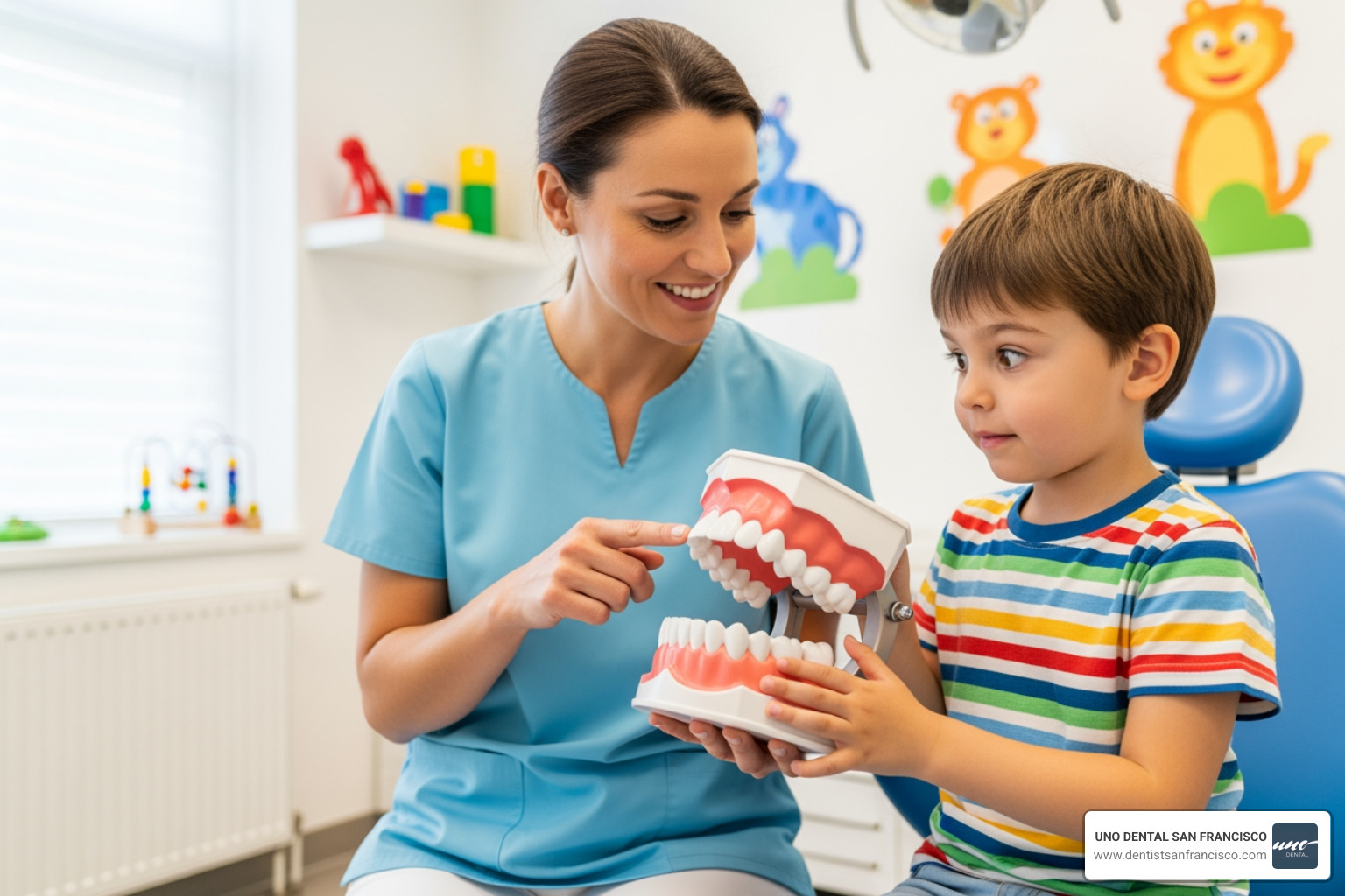 friendly pediatric dentist showing a young patient a model of teeth - San Francisco kids dentist friendly pediatric dentist showing a young patient a model of teeth - San Francisco kids dentist