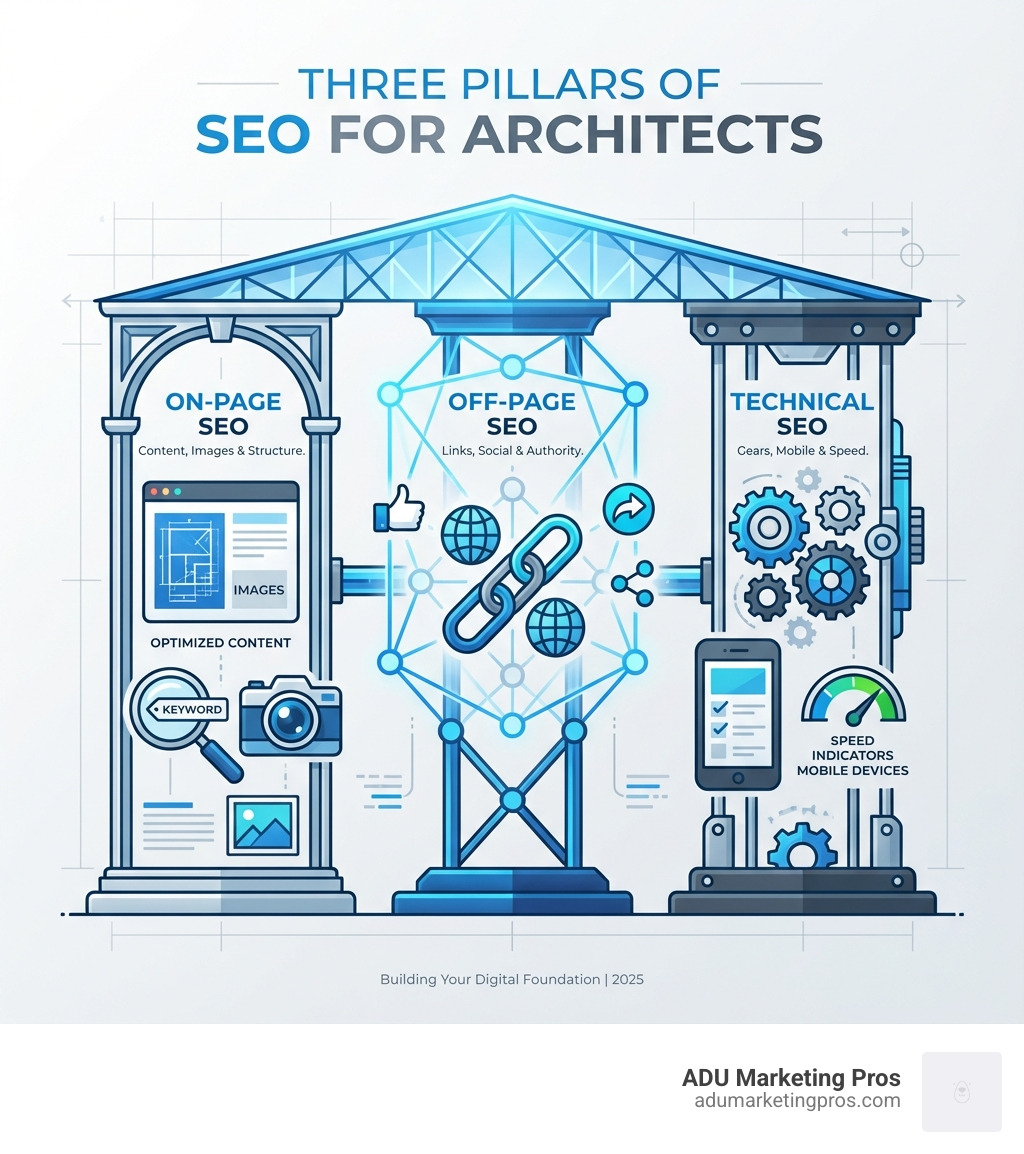 Infographic showing three pillars of SEO for architects: On-Page SEO (represented by a webpage icon with optimized content and images), Off-Page SEO (represented by interconnected links and social media symbols), and Technical SEO (represented by gears, mobile devices, and speed indicators). Each pillar is color-coded in blues and grays with architecture-inspired design elements. - seo for architects infographic 