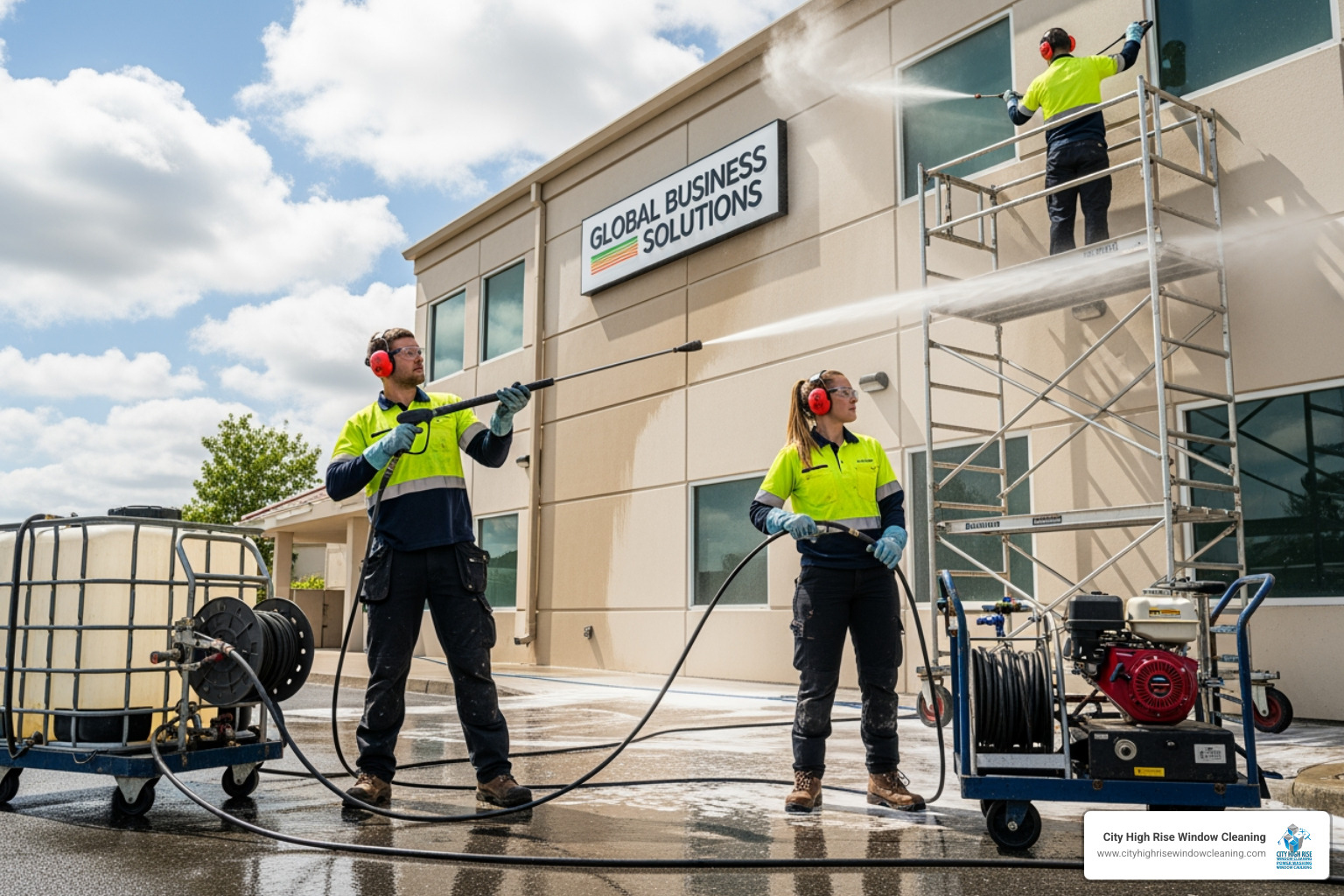 Professional power washing team with safety gear - Commercial power washing company Professional power washing team with safety gear - Commercial power washing company