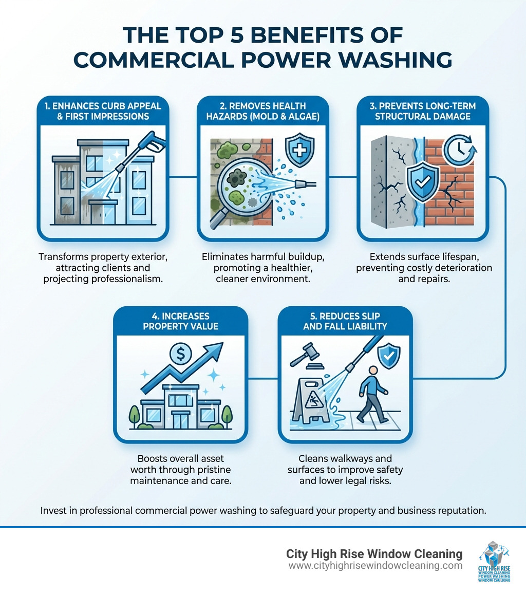 Infographic showing the top 5 benefits of commercial power washing: 1) Enhances curb appeal and first impressions, 2) Removes health hazards like mold and algae, 3) Prevents long-term structural damage, 4) Increases property value, 5) Reduces slip and fall liability - Commercial power washing company infographic Infographic showing the top 5 benefits of commercial power washing: 1) Enhances curb appeal and first impressions, 2) Removes health hazards like mold and algae, 3) Prevents long-term structural damage, 4) Increases property value, 5) Reduces slip and fall liability - Commercial power washing company infographic