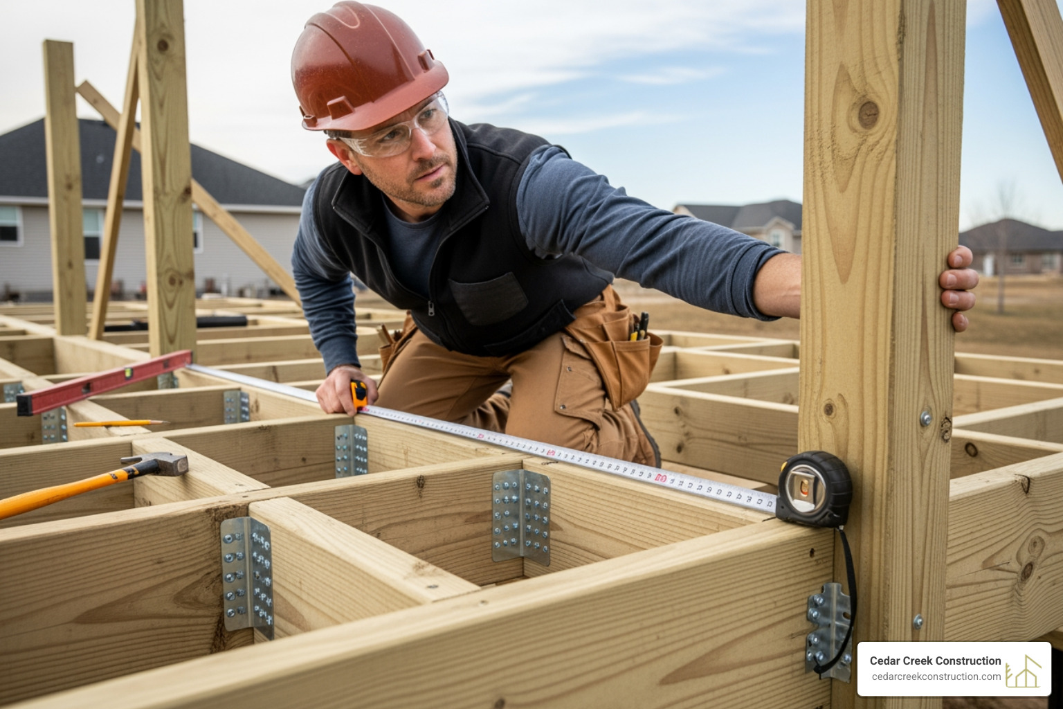 contractor measuring a deck frame, implying the need for a strong structure - composite decking advantages and disadvantages