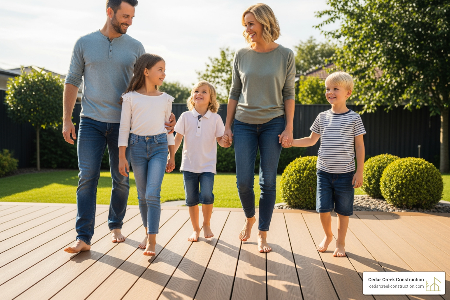 family enjoying a splinter-free composite deck barefoot - composite decking advantages and disadvantages