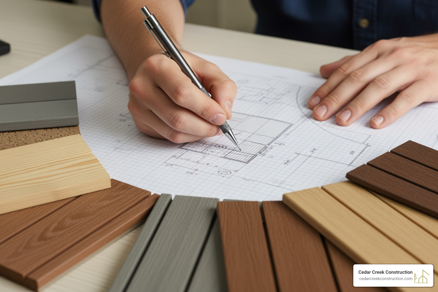 person sketching a deck plan on graph paper with material samples nearby - build outdoor deck person sketching a deck plan on graph paper with material samples nearby - build outdoor deck