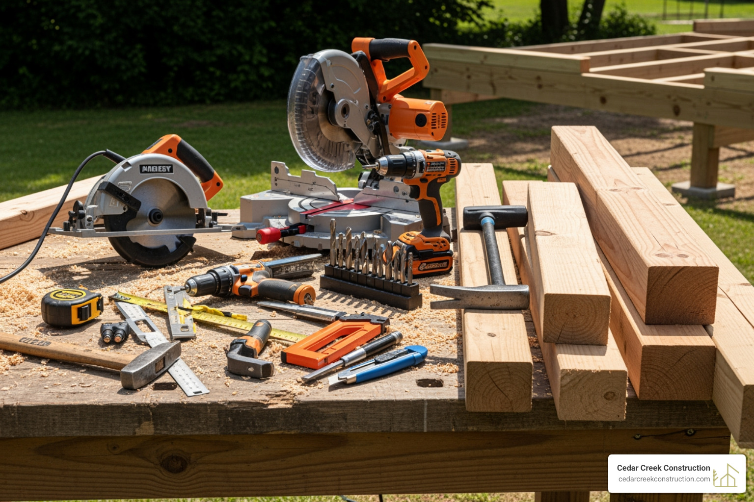 tools and lumber laid out neatly before a project begins - build outdoor deck tools and lumber laid out neatly before a project begins - build outdoor deck