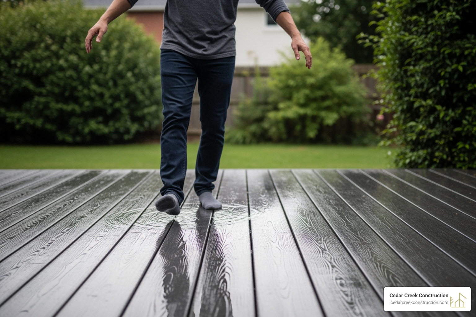 A person carefully walking on a wet composite deck, demonstrating a potential slip hazard. - anti slip coating for composite decking