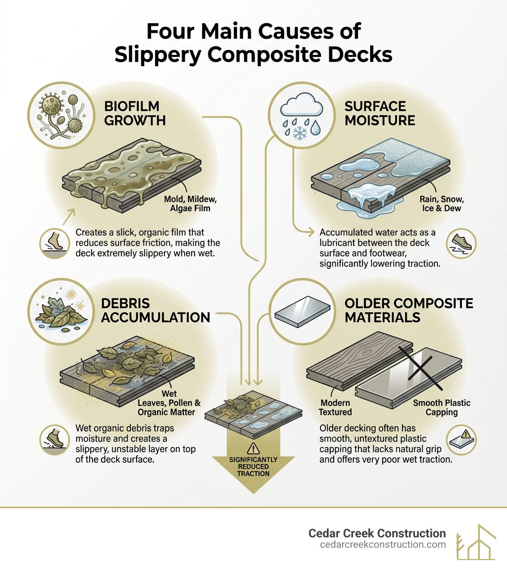 Infographic showing the four main causes of slippery composite decks: biofilm growth (mold, mildew, algae creating a slick film), surface moisture (rain, snow, ice, and morning dew), debris accumulation (wet leaves, pollen, and organic matter), and older composite materials (smooth plastic capping without texture). Each cause is illustrated with icons and brief descriptions of how it reduces traction. - anti slip coating for composite decking infographic 