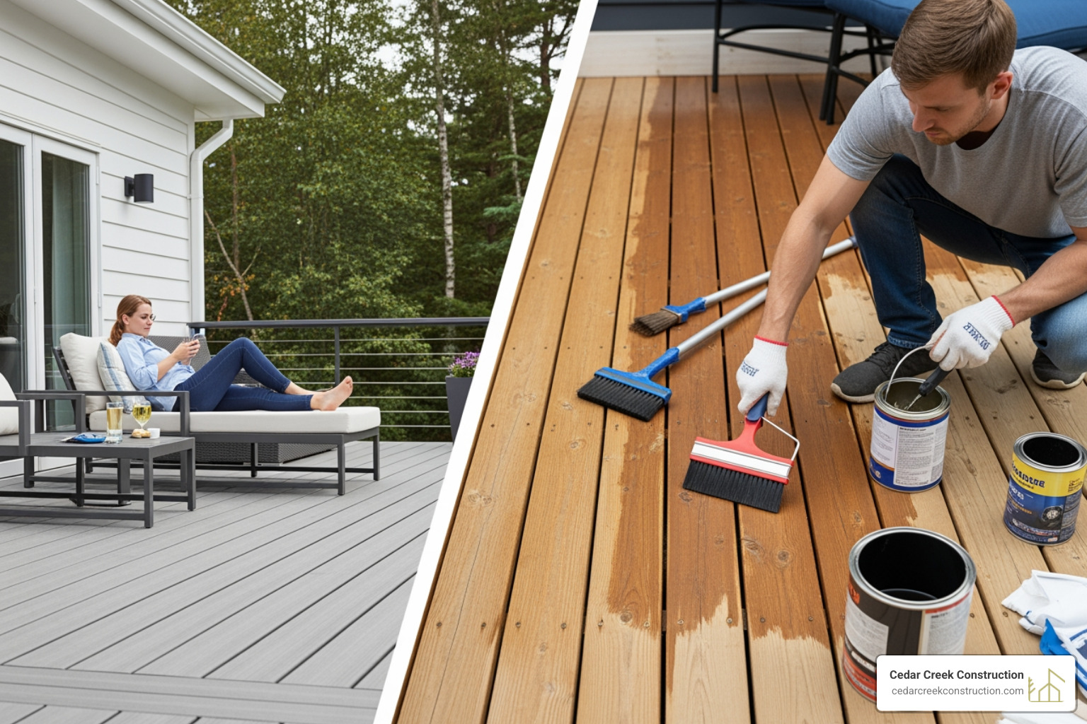 of a homeowner relaxing on a low-maintenance deck vs. another person staining a wood deck - best durable deck material