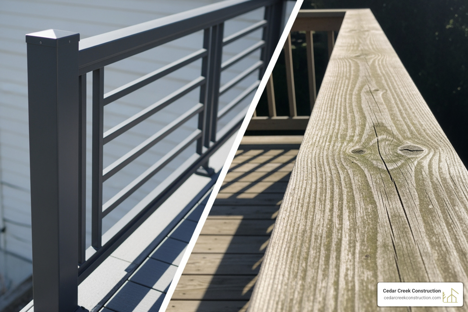 split-screen showing an aluminum railing next to a weathered wood railing - Aluminum deck railing split-screen showing an aluminum railing next to a weathered wood railing - Aluminum deck railing