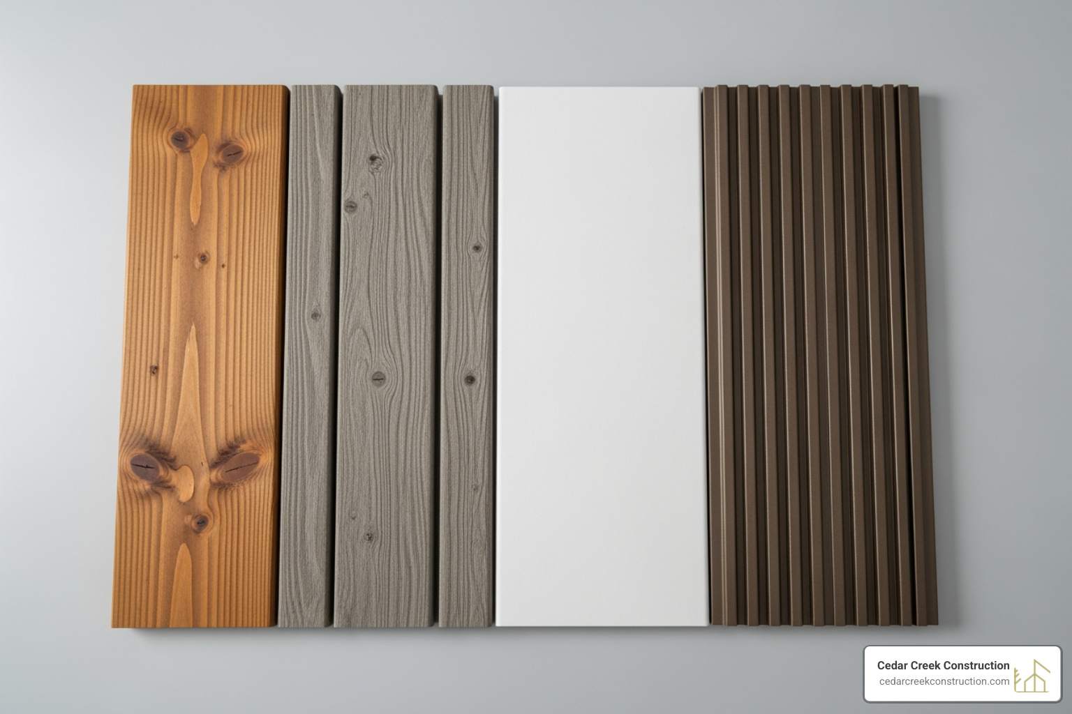 of various decking material samples (wood, composite, PVC, aluminum) side-by-side - best durable deck material