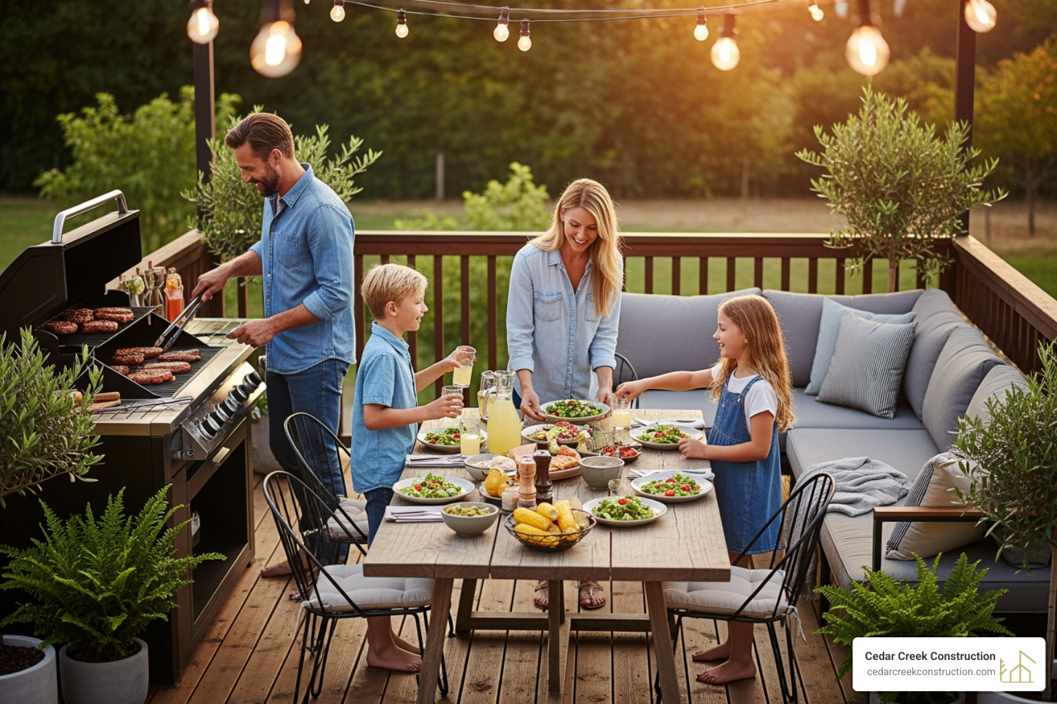 family enjoying a meal on a spacious, well-designed deck - backyard deck builder