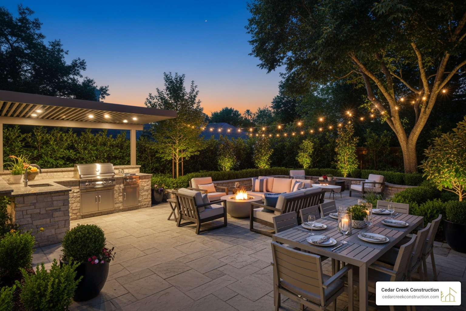 multi-zone backyard with a distinct kitchen area, a separate lounge area with a fire pit, and a dining set - backyard living spaces