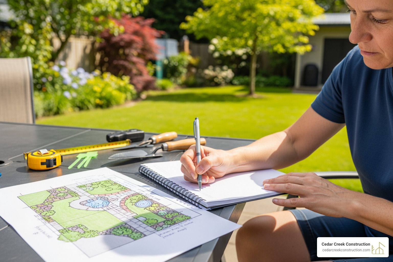 homeowner sketching a backyard plan on a notepad with the yard in the background - backyard living spaces