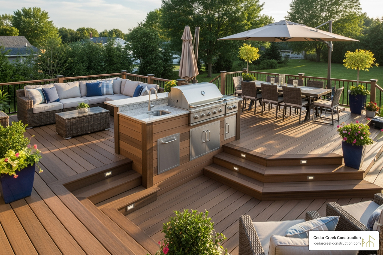 multi-level composite deck with integrated outdoor kitchen - garden outdoor rooms multi-level composite deck with integrated outdoor kitchen - garden outdoor rooms