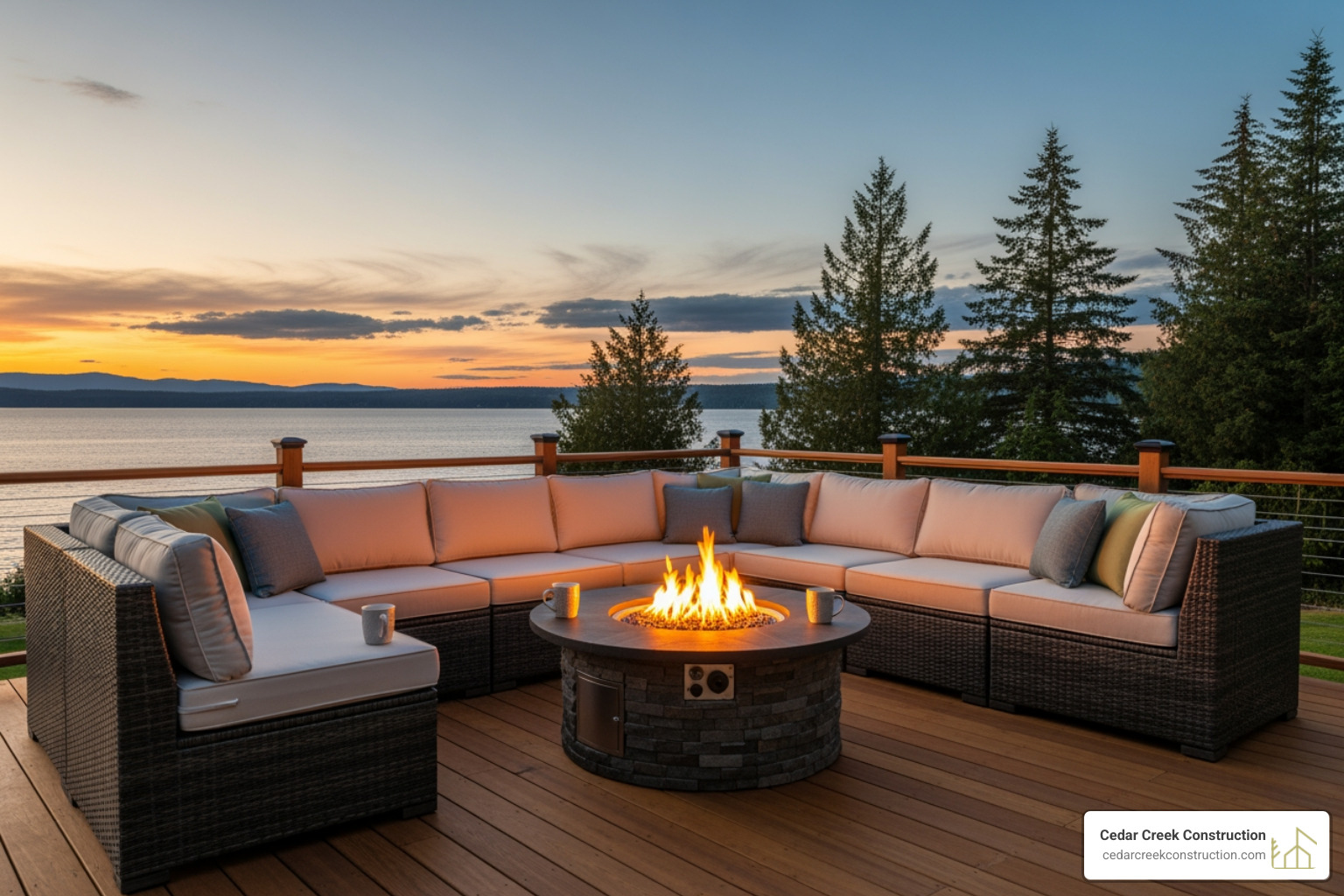custom outdoor sectional around fire pit on deck - garden outdoor living