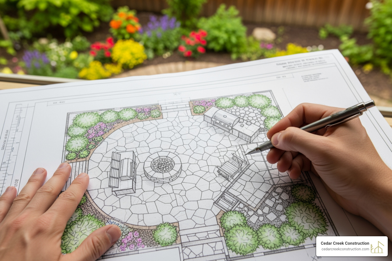 homeowner sketching patio design - garden outdoor living