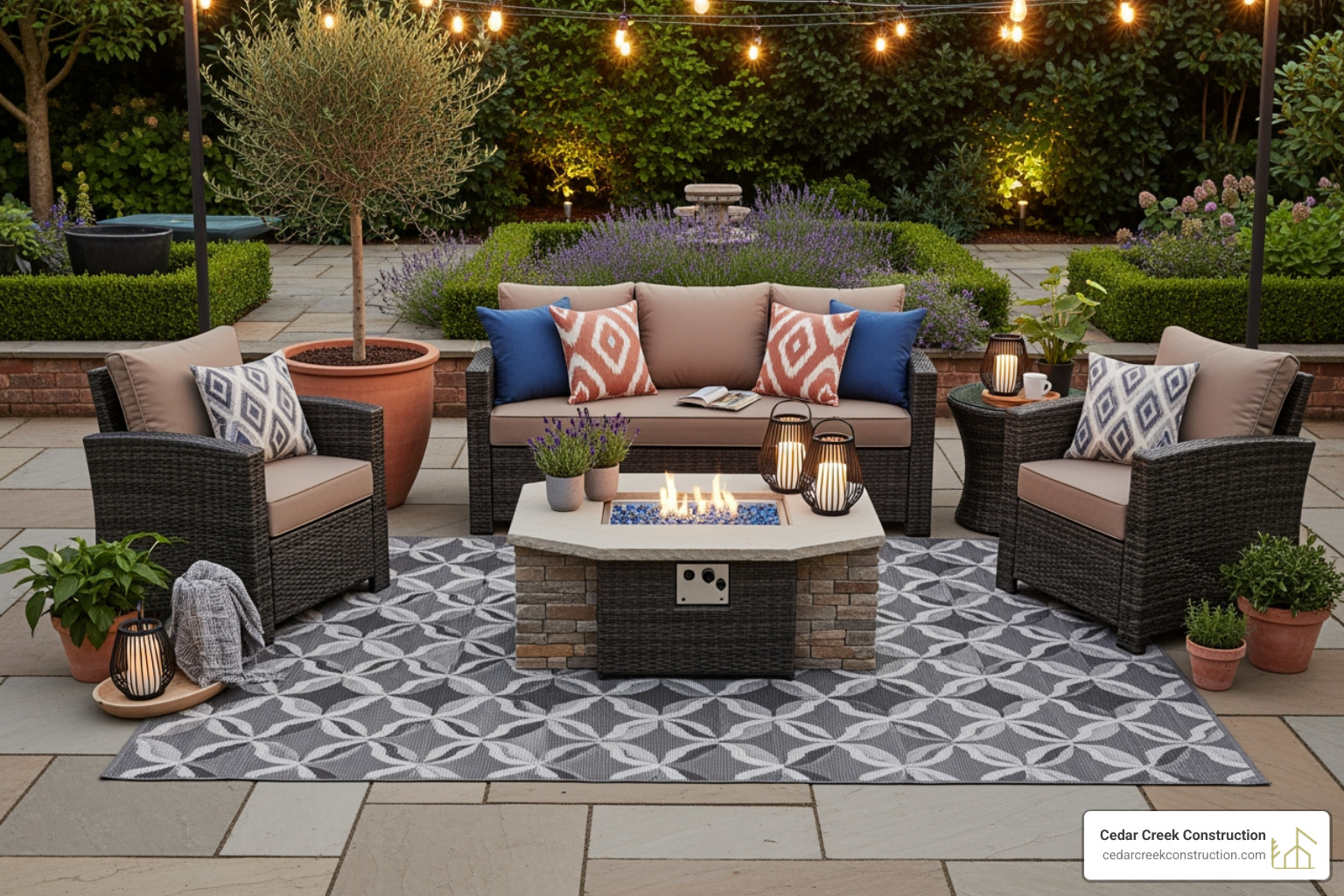 well-defined patio area with stylish outdoor rug and comfortable conversation set - easy outdoor living spaces