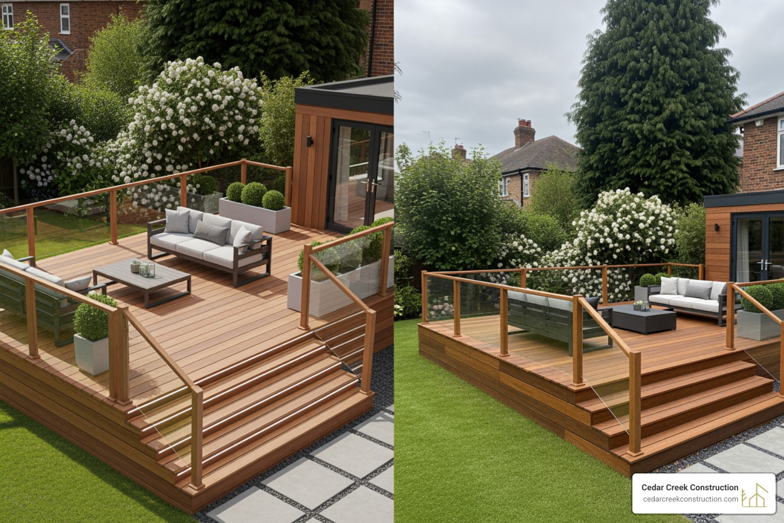 Image of a 3D deck design rendering next to the finished deck - Deck contractor services