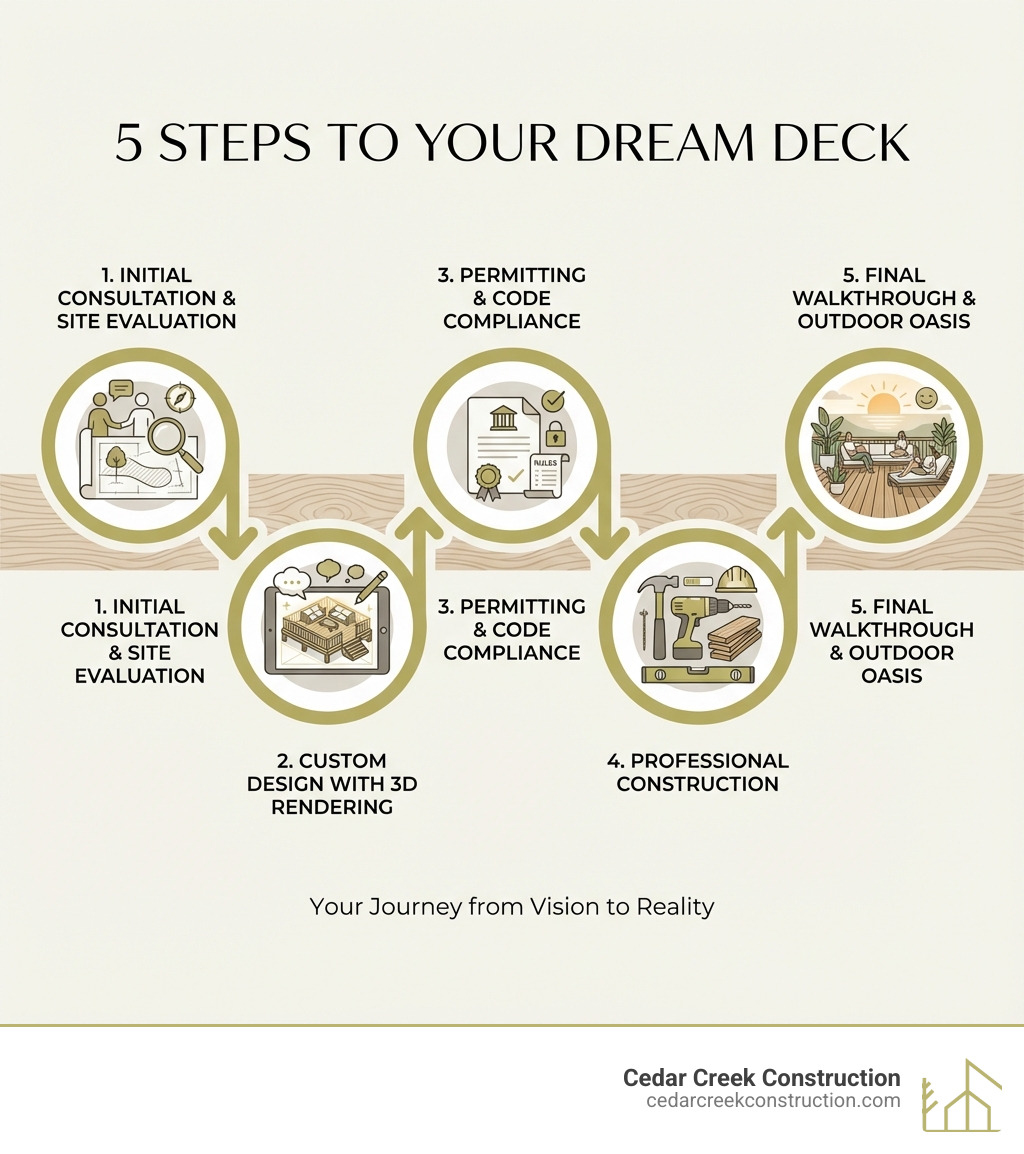 Infographic showing the 5 key steps to building your dream deck: Step 1 - Initial Consultation and Site Evaluation, Step 2 - Custom Design with 3D Rendering, Step 3 - Permitting and Code Compliance, Step 4 - Professional Construction and Installation, Step 5 - Final Walkthrough and Enjoyment of Your Outdoor Oasis - Deck contractor services infographic 