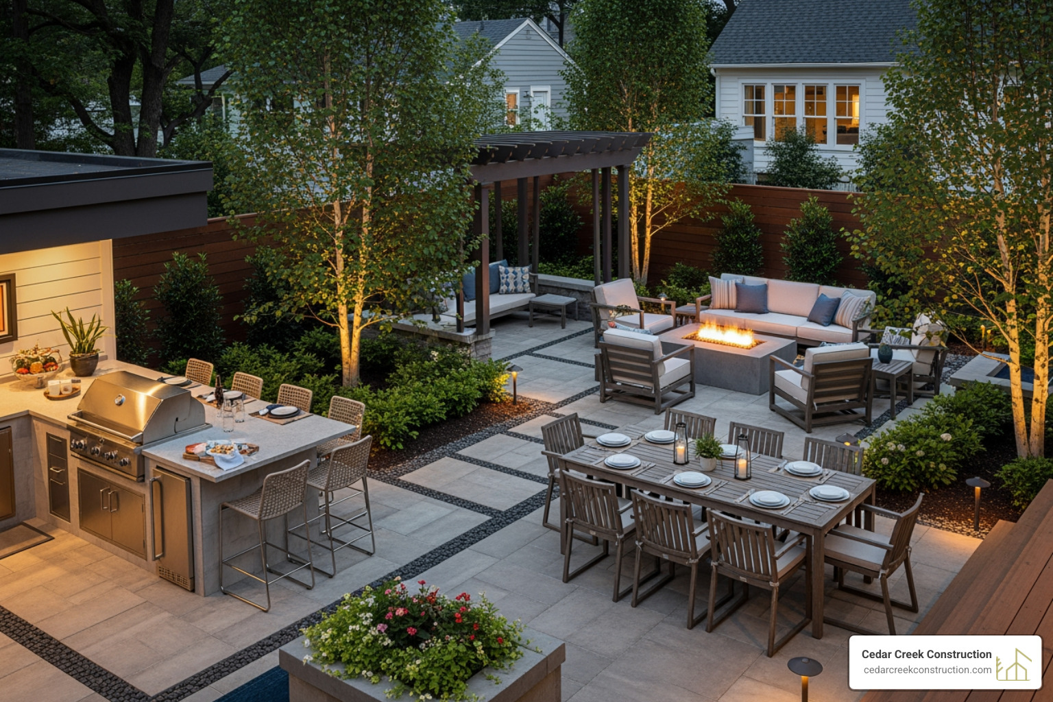 multi-zone backyard with kitchen dining and living area - backyard outdoor rooms