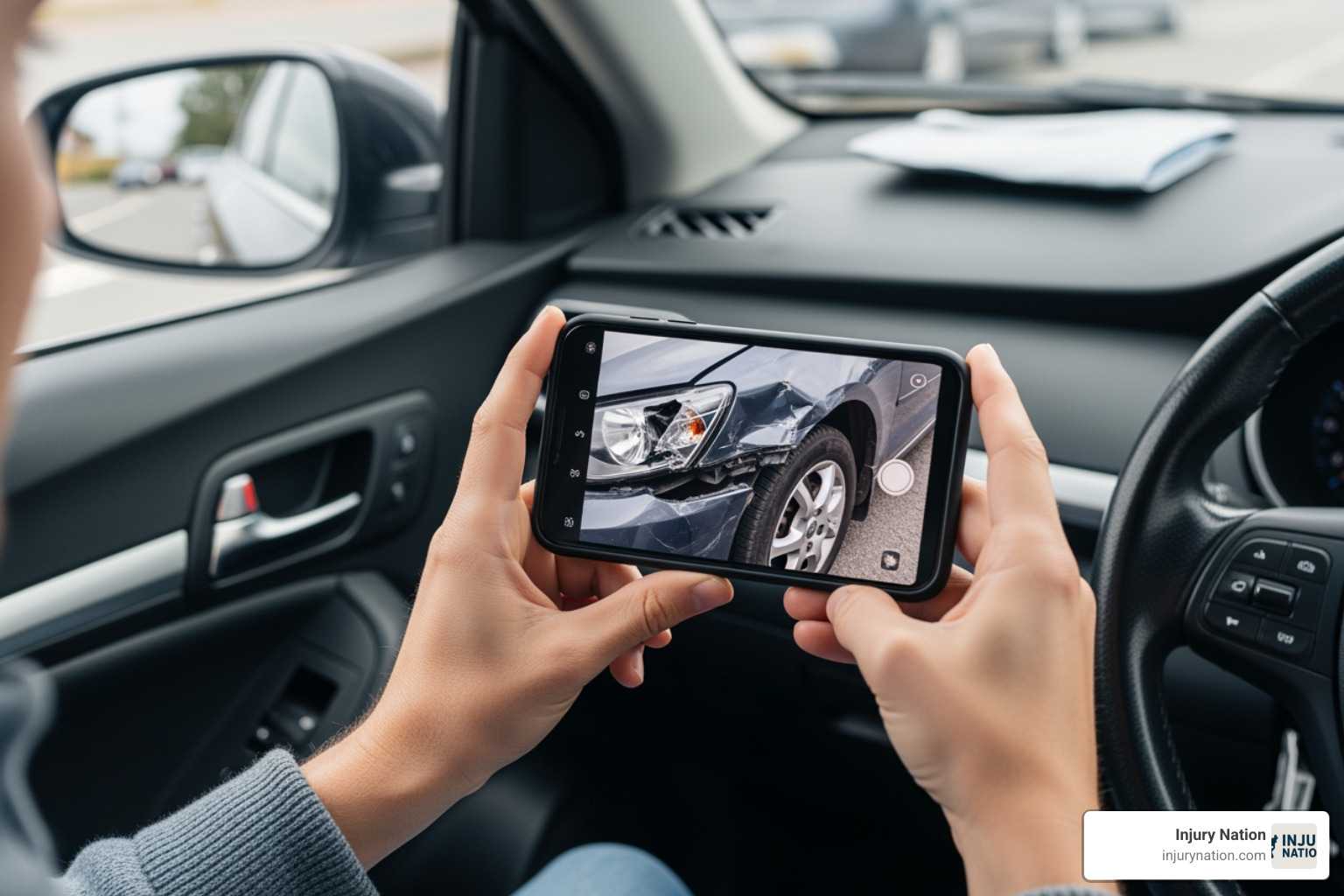 a driver taking photos of car damage with a smartphone - Accident legal advice