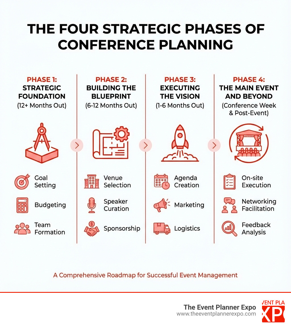 Infographic showing the four phases of conference planning: Phase 1 - Strategic Foundation (12+ months out) with goal setting, budgeting, and team formation; Phase 2 - Building the Blueprint (6-12 months out) with venue selection, speaker curation, and sponsorship; Phase 3 - Executing the Vision (1-6 months out) with agenda creation, marketing, and logistics; Phase 4 - The Main Event and Beyond (conference week and post-event) with on-site execution, networking facilitation, and feedback analysis - conference planning best practices infographic 