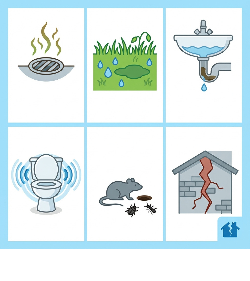 infographic showing six common signs of a sewer line leak: foul odors represented by wavy smell lines, soggy yard with water droplets, slow drain with backed-up sink, gurgling toilet with sound waves, pest activity showing rats and insects, and foundation cracks in a house wall - sewer leak repair infographic infographic showing six common signs of a sewer line leak: foul odors represented by wavy smell lines, soggy yard with water droplets, slow drain with backed-up sink, gurgling toilet with sound waves, pest activity showing rats and insects, and foundation cracks in a house wall - sewer leak repair infographic