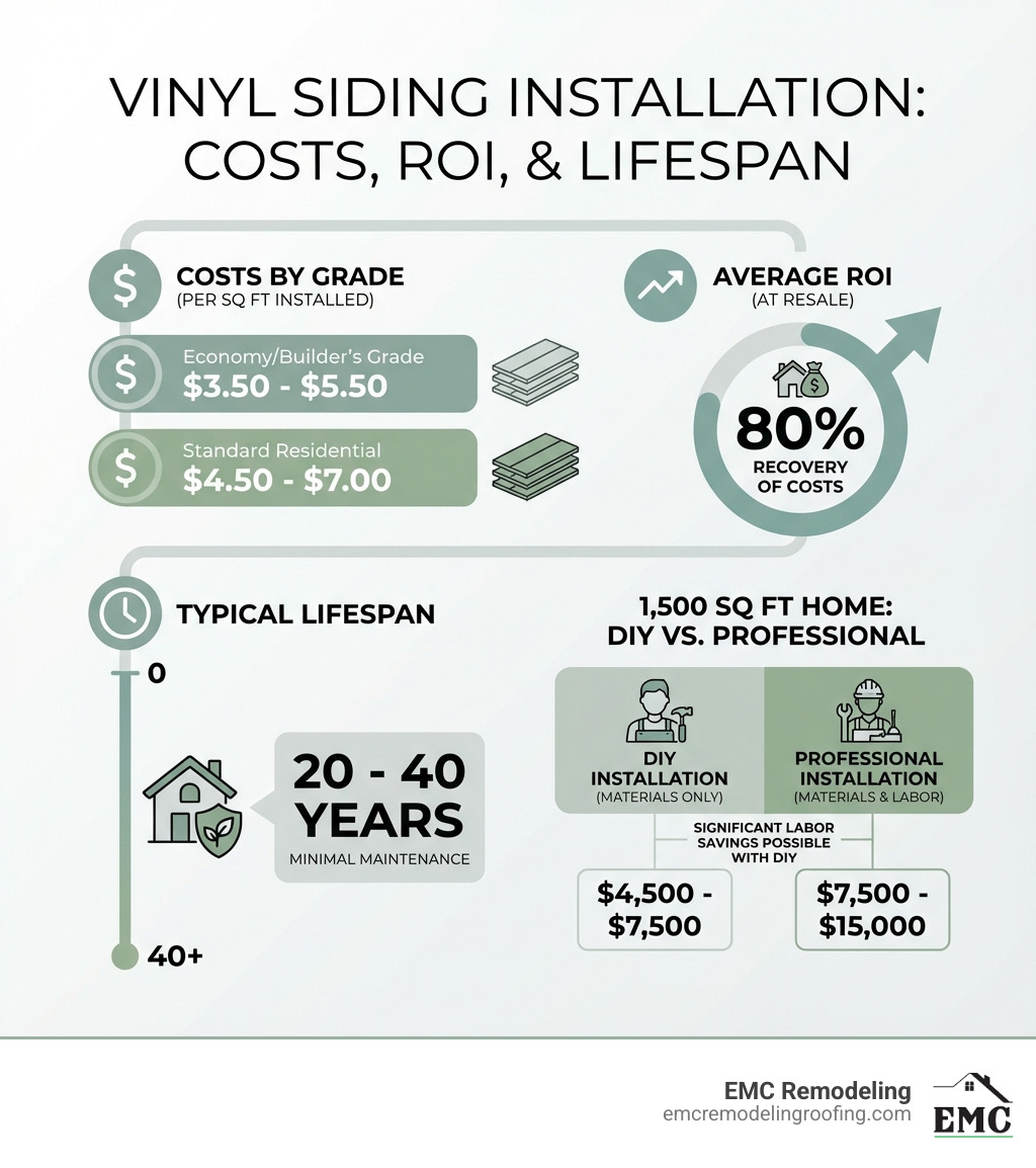 infographic showing vinyl siding installation costs breakdown by grade, average ROI of 80%, typical lifespan of 20-40 years, and comparison of DIY versus professional installation costs for a 1,500 square foot home - cheap vinyl siding installation infographic 