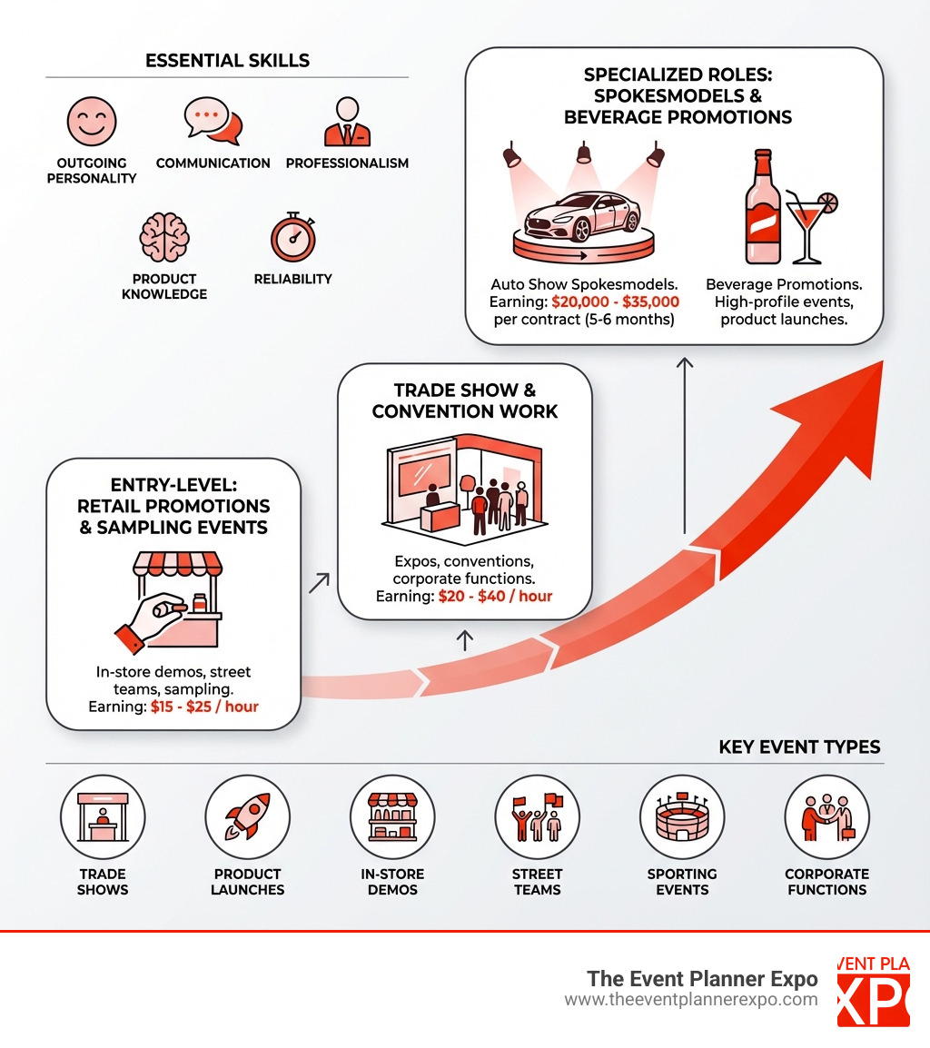 Infographic showing promotional model career path: Entry-level retail promotions and sampling events ($15-25/hour) leading to trade show and convention work ($20-40/hour), then specialized roles like auto show spokesmodels ($20,000-35,000 per contract) and beverage promotions. Key event types include trade shows, product launches, in-store demos, street teams, sporting events, and corporate functions. Essential skills shown: outgoing personality, communication, professionalism, product knowledge, and reliability. - promotional model infographic 
