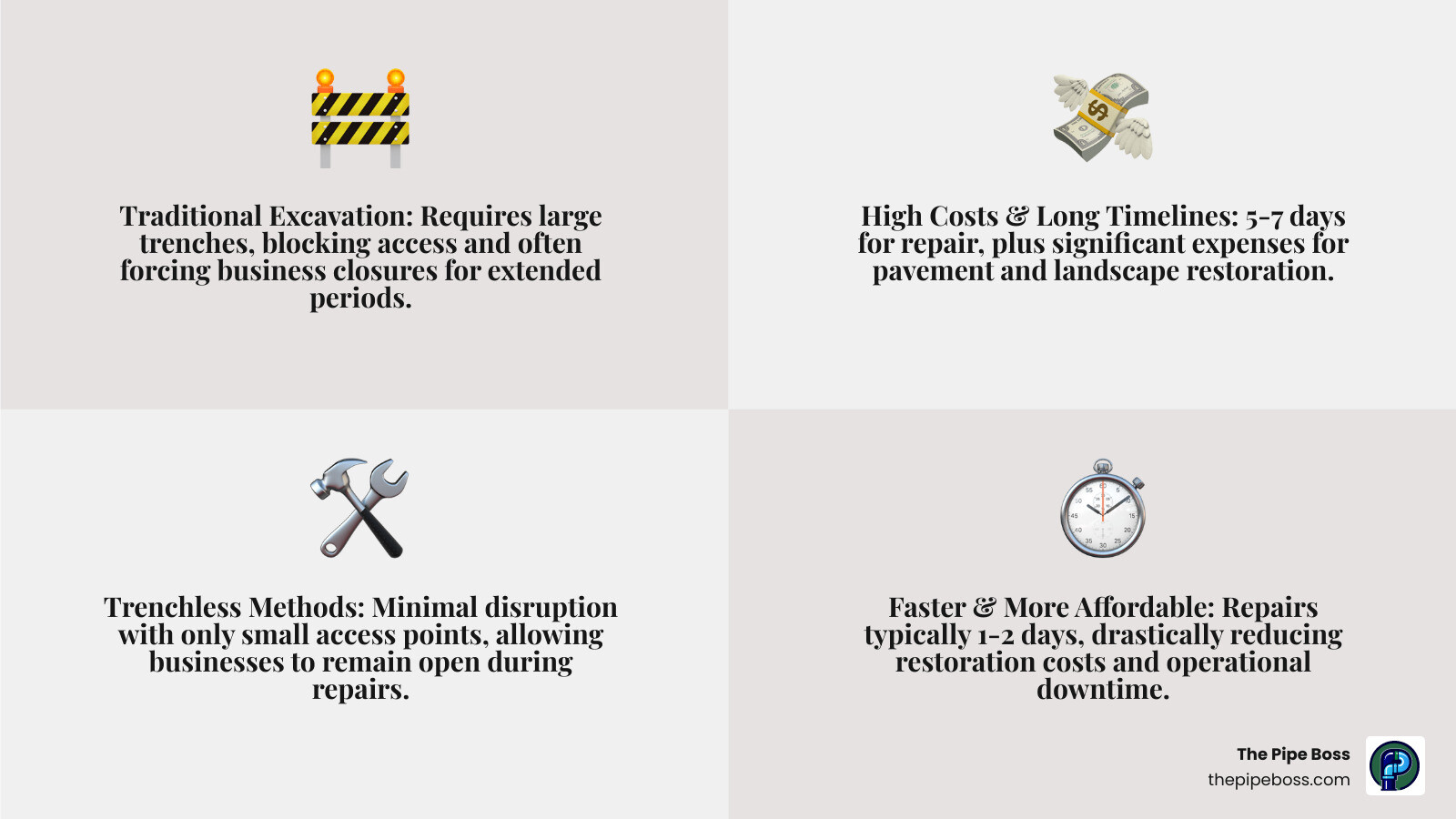 Infographic comparing traditional excavation showing a large trench across a parking lot versus trenchless repair showing only two small access points with minimal surface disruption, timeline comparison showing 5-7 days for excavation versus 1-2 days for trenchless, and cost breakdown showing excavation plus pavement restoration versus trenchless with minimal restoration - commercial sewer pipe repair infographic 4_facts_emoji_grey Infographic comparing traditional excavation showing a large trench across a parking lot versus trenchless repair showing only two small access points with minimal surface disruption, timeline comparison showing 5-7 days for excavation versus 1-2 days for trenchless, and cost breakdown showing excavation plus pavement restoration versus trenchless with minimal restoration - commercial sewer pipe repair infographic 4_facts_emoji_grey
