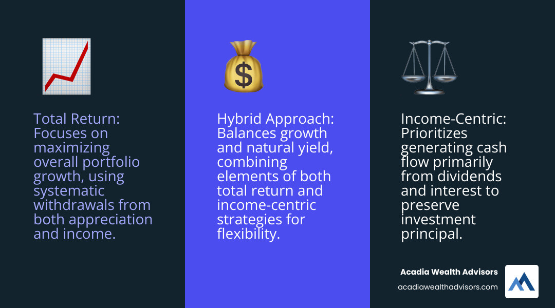 TABLE comparing Total Return, Income-Centric, and Hybrid strategies across goals, primary income source, and key considerations - retirement income investing infographic 3_facts_emoji_blue