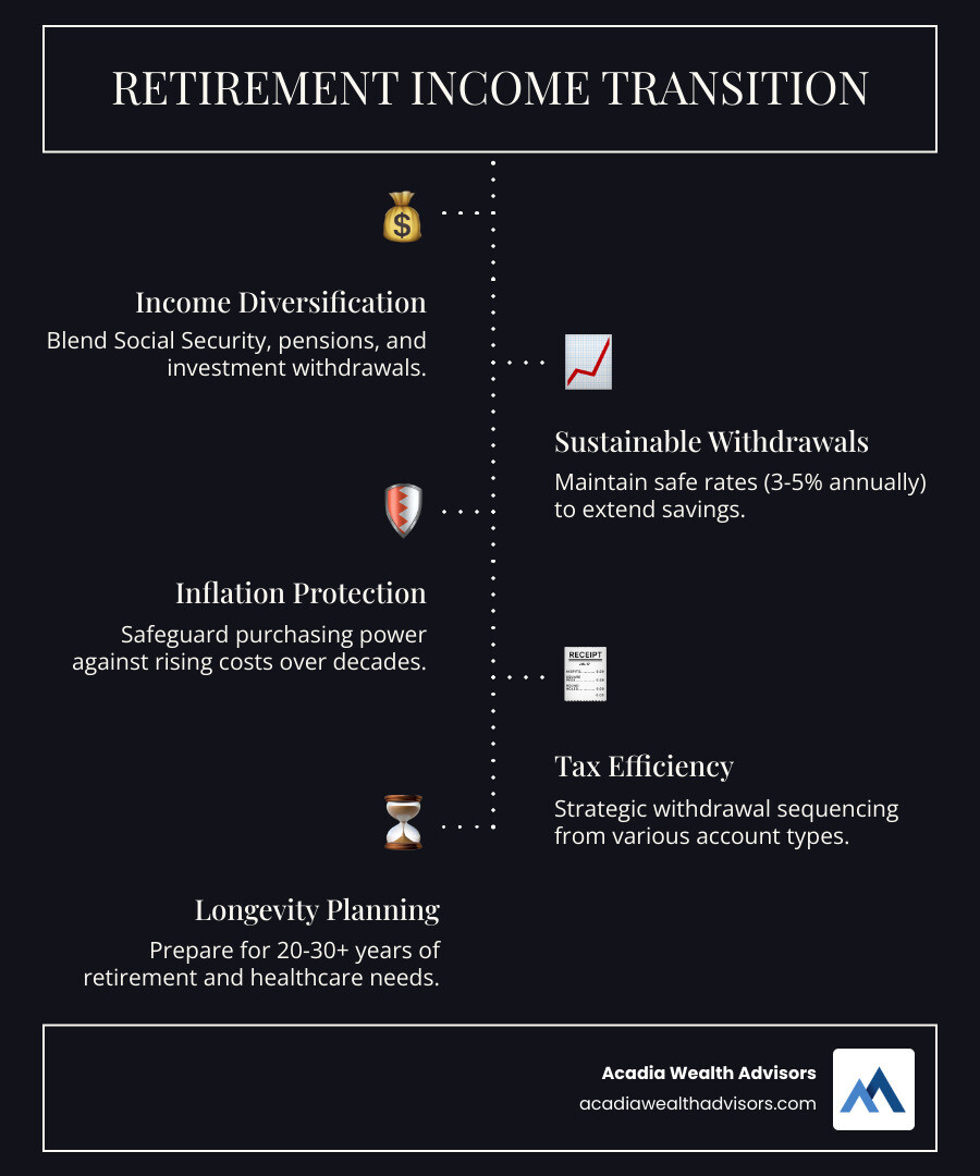 Infographic showing the transition from accumulation phase to distribution phase, with key considerations: income diversification, sustainable withdrawal rates, inflation protection, tax efficiency, and longevity planning - retirement income investing infographic infographic-line-5-steps-dark