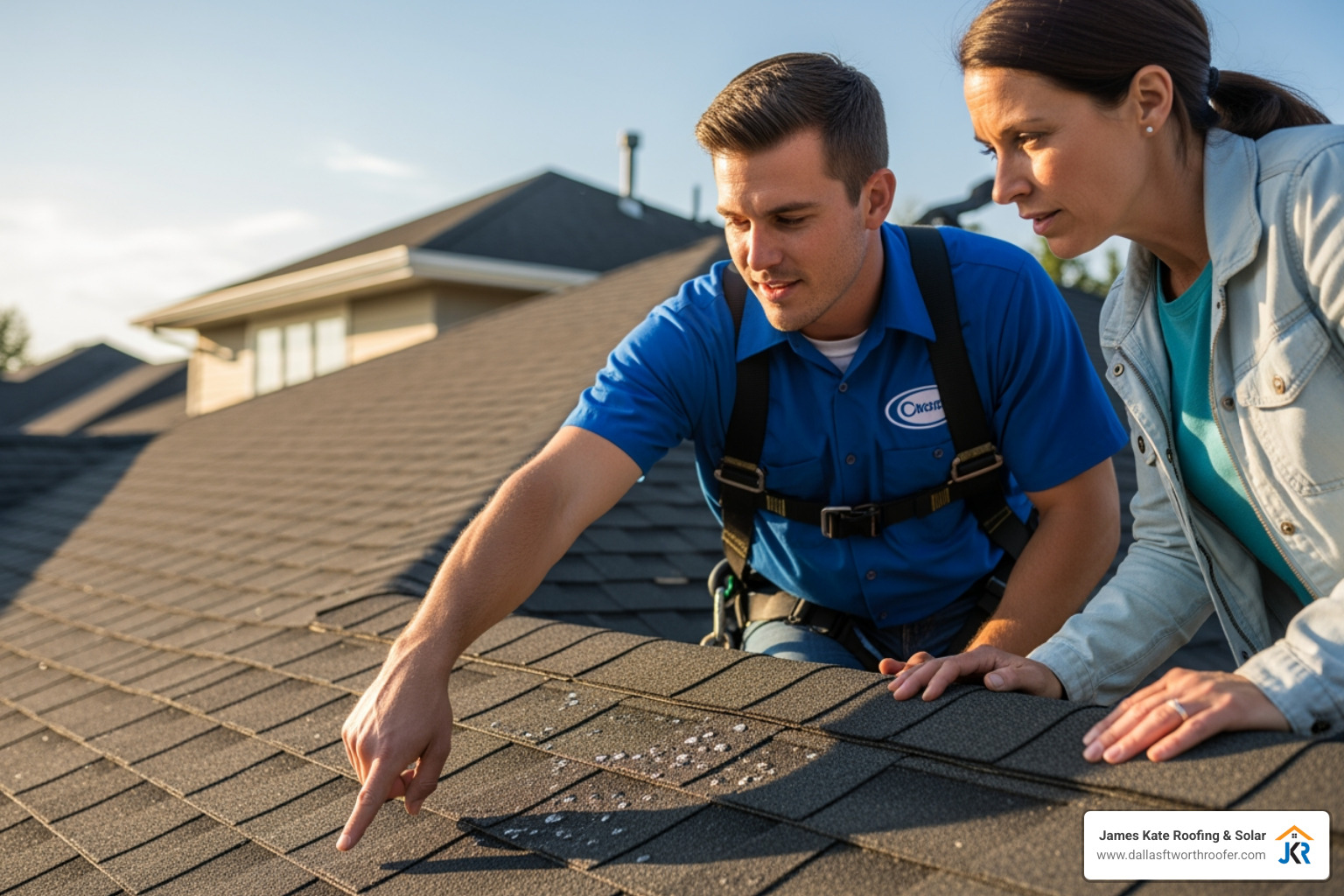 roofer in royal blue James Kate Roofing shirt pointing out subtle hail damage on an asphalt shingle to a homeowner - dfw roofing company roofer in royal blue James Kate Roofing shirt pointing out subtle hail damage on an asphalt shingle to a homeowner - dfw roofing company
