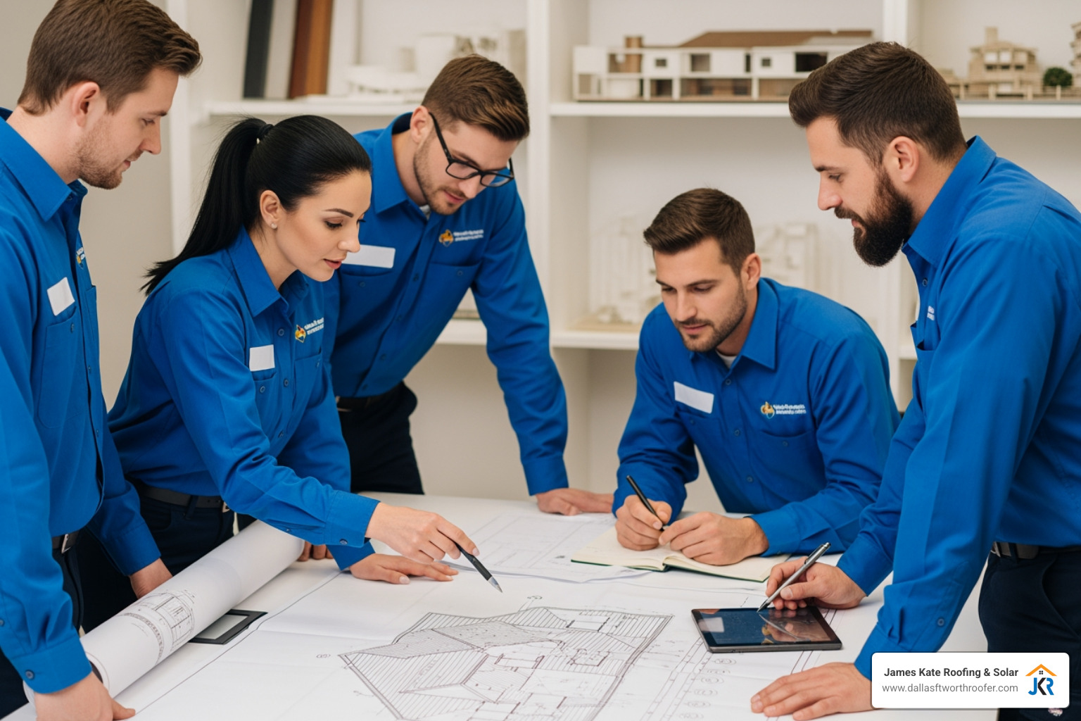 team of professionals in royal blue James Kate Roofing shirts collaborating on a roofing plan for a residential home - dfw roofing company team of professionals in royal blue James Kate Roofing shirts collaborating on a roofing plan for a residential home - dfw roofing company