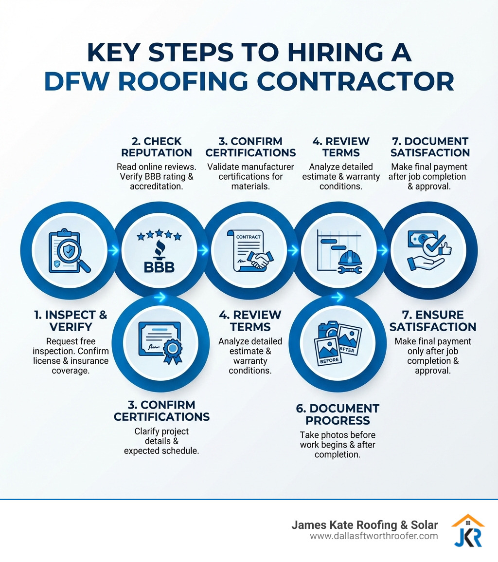 infographic showing the key steps to hiring a roofing contractor: 1. Request free inspection and verify license and insurance, 2. Check online reviews and BBB rating, 3. Confirm manufacturer certifications, 4. Review detailed written estimate and warranty terms, 5. Verify scope of work and project timeline, 6. Document everything with photos before and after, 7. Ensure final payment only after completion and satisfaction - dfw roofing company infographic infographic showing the key steps to hiring a roofing contractor: 1. Request free inspection and verify license and insurance, 2. Check online reviews and BBB rating, 3. Confirm manufacturer certifications, 4. Review detailed written estimate and warranty terms, 5. Verify scope of work and project timeline, 6. Document everything with photos before and after, 7. Ensure final payment only after completion and satisfaction - dfw roofing company infographic