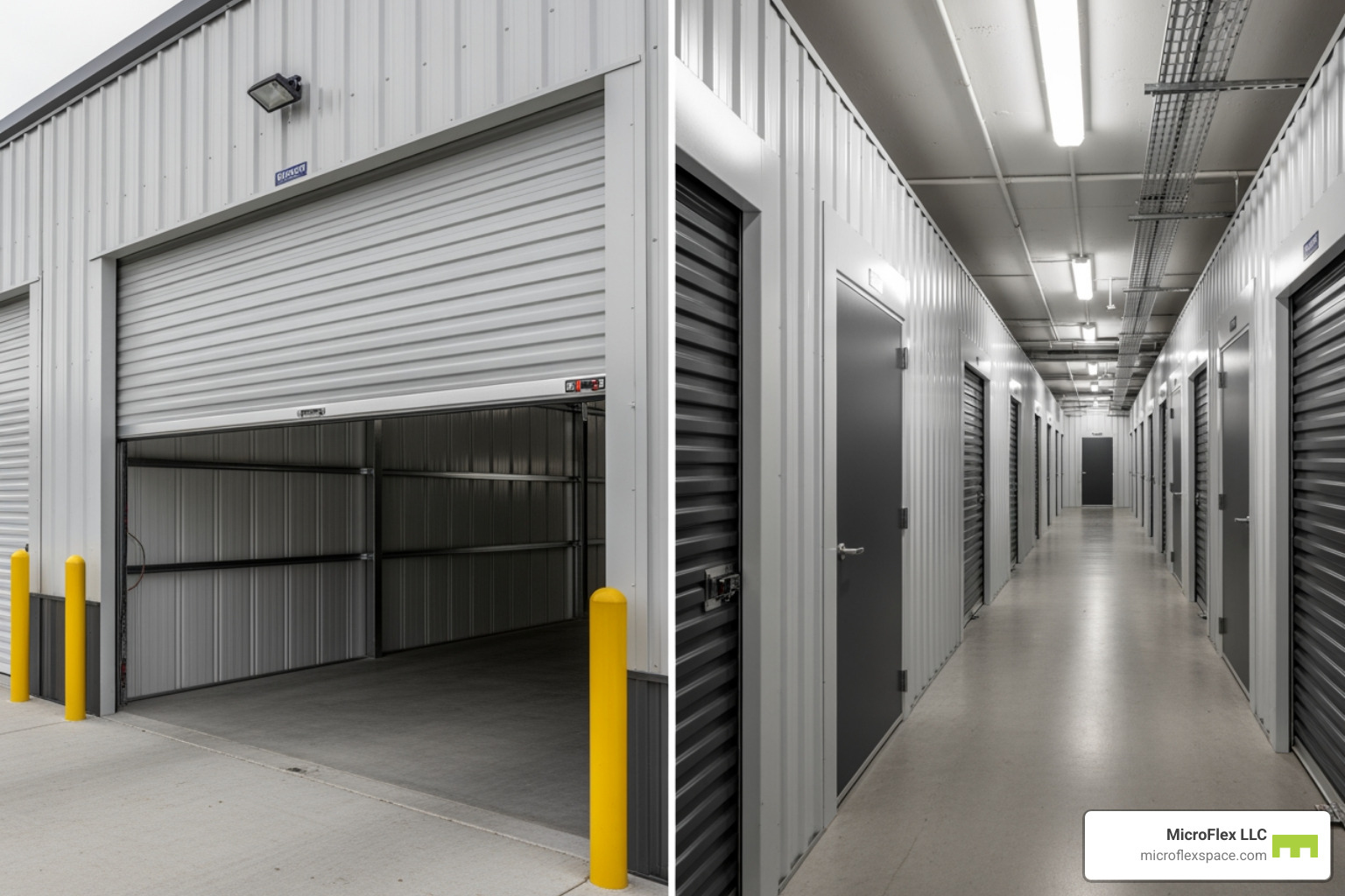 A modern MicroFlex™ storage unit with a drive-up access door open, showing a clean, well-lit interior. Next to it, an indoor hallway with several climate-controlled unit doors. - storage facility hoover al A modern MicroFlex™ storage unit with a drive-up access door open, showing a clean, well-lit interior. Next to it, an indoor hallway with several climate-controlled unit doors. - storage facility hoover al