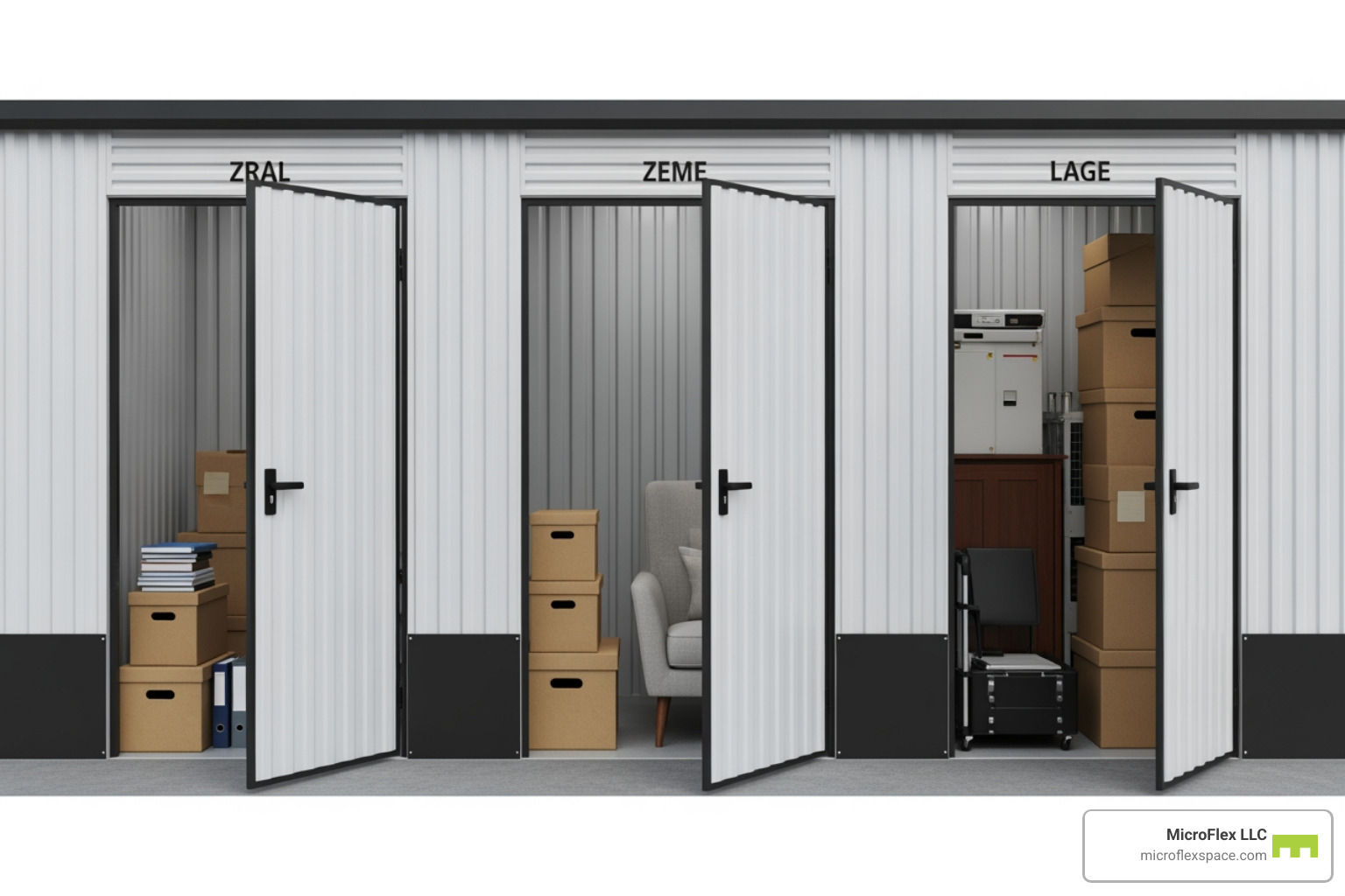 Three MicroFlex™ storage unit doors, labeled Small, Medium, and Large, with various items like boxes, furniture, and business equipment peeking out to illustrate their capacity. - storage facility hoover al Three MicroFlex™ storage unit doors, labeled Small, Medium, and Large, with various items like boxes, furniture, and business equipment peeking out to illustrate their capacity. - storage facility hoover al