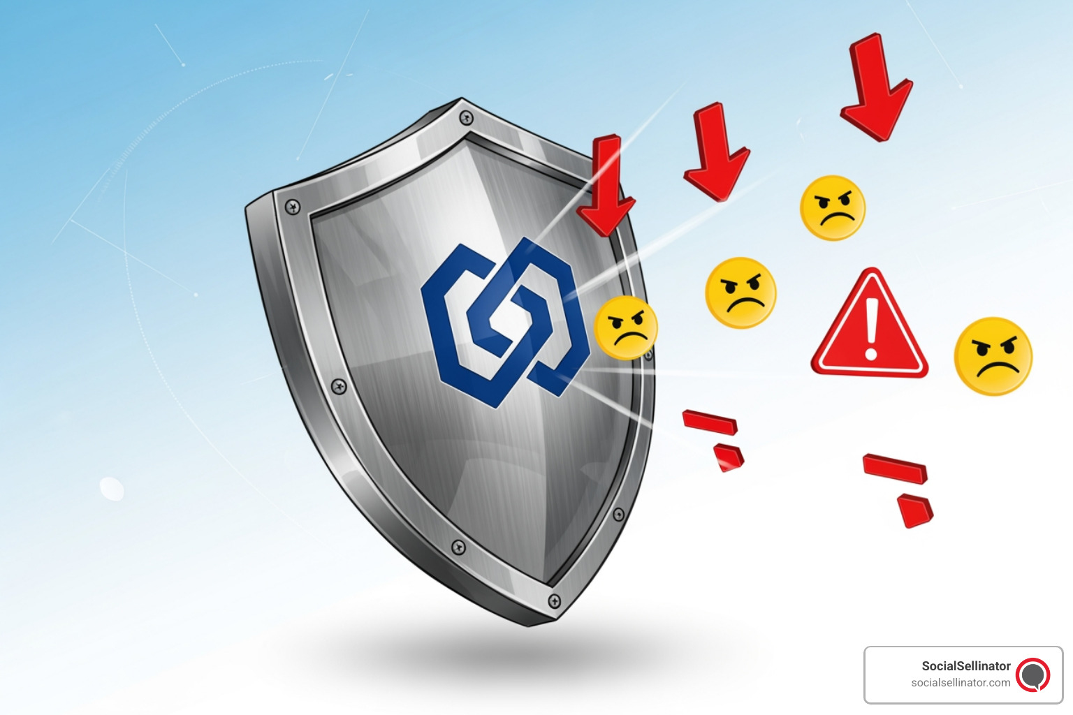 A shield protecting a brand logo from negative icons - brand reputation management services