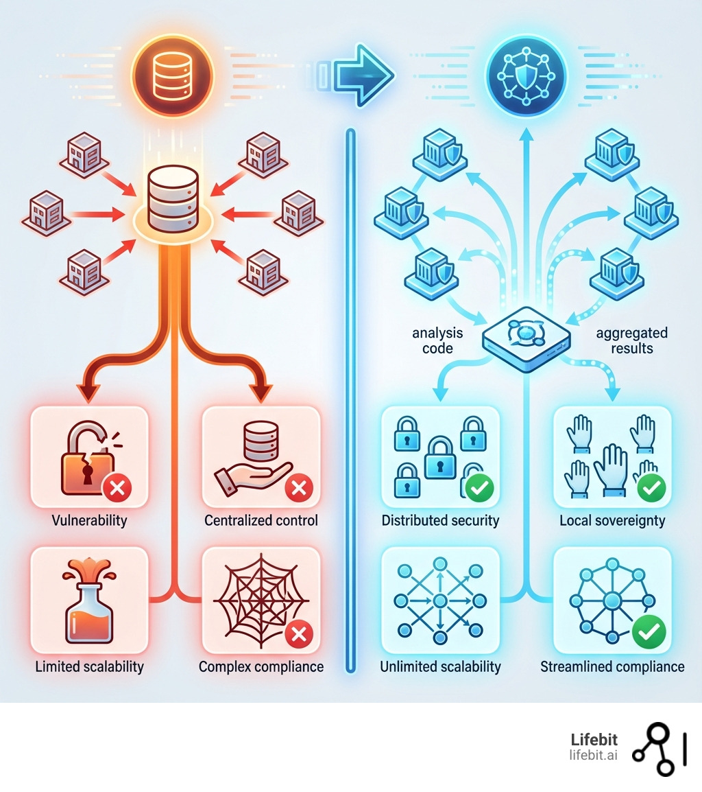 Infographic comparing traditional centralized data sharing model where data is copied to a central warehouse versus federated research environment model where data stays distributed at source institutions and only analysis code and aggregated results move between sites, highlighting key differences in security, control, scalability and compliance - federated research environment infographic 